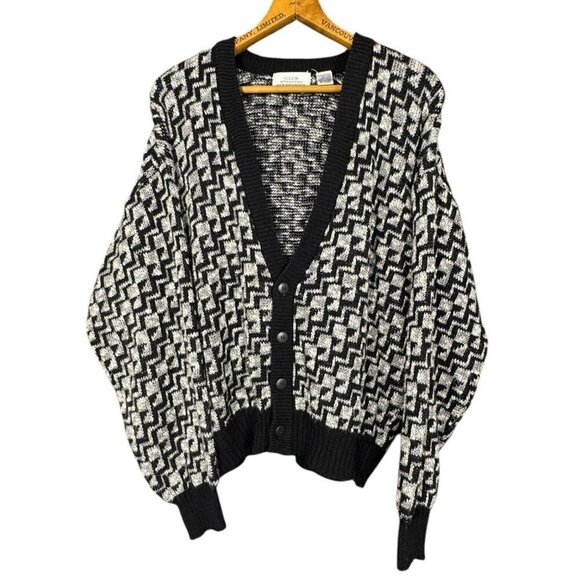 Vintage Sweaters - Vintage Black and White Grandpa Cardigan, Oversized Button-Up Knit Sweater, Soft